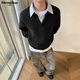 MMOPTOP韓版假兩件毛衣秋冬季男士條紋翻領(lǐng)寬松休閑針織衫MMY14黑色L