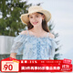 百圖betu女裝夏新款襯衫一字肩可調節吊帶雪紡印花襯衫女2306T32 淺藍 S