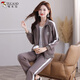啄木鳥(niǎo)休閑運動(dòng)套裝女春秋新款時(shí)尚長(cháng)袖外套洋氣大碼兩件套 淺咖 2XL