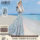絲柏舍沙灘風(fēng)連衣裙2024夏裝V領(lǐng)優(yōu)雅花色顯瘦大擺裙