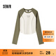 森馬（Semir）長(cháng)袖T恤女短款緊身撞色插肩袖明線(xiàn)顯瘦冬季印花圓領(lǐng)上衣復古 白綠色調00314 M