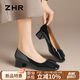 ZHR單鞋女純色鏡面粗跟女鞋優(yōu)雅知性淺口一腳蹬船鞋女 BL396 黑色 37