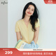 伊芙麗（eifini）蔣欣代言【夏季薄款全新升級】高智麻花毛衣短袖針織衫女 黃色 短袖V領(lǐng)現(xiàn)貨 S 80-105斤