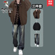 啄木鳥（TUCANO）美拉德假兩件夾克潮男帥氣棒球服套裝大學(xué)生高級感搭配牛仔褲穿搭 【三件】假兩件夾克棕+黑長袖+牛仔褲藍(lán)黃 XL  建議120-140斤