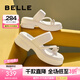 百麗（Belle）休閑人字拖鞋女真皮粗跟增高夾腳涼鞋B1782BT4 米白 36 (230mm)