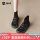 快樂瑪麗（J&M）板鞋女七夕禮物新款休閑高幫百搭魔術貼防滑厚底增高單鞋樂福鞋女 黑色 37