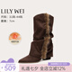 Lily Wei小眾設(shè)計(jì)感尖頭粗跟褶皺堆堆靴一腳蹬寬松褲管靴大碼情人節(jié)禮物 褐色單里【跟高7cm】 36