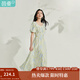 茵曼（INMAN）度假風(fēng)法式印花連衣裙2025夏季女裝新品浪漫泡泡袖收腰長(cháng)裙  青綠江山 M
