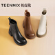 天美意女靴加絨商場(chǎng)同款粗跟復古潮流短靴女時(shí)裝靴新款 黑色 37