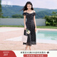 香影度假風(fēng)吊帶露肩連衣裙女2025夏季新款一字肩黑色碎花雪紡裙子 黑色 XL 170/92A/125-140斤