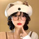 途尊可愛(ài)豹紋耳朵貝雷帽日系百搭翻檐報童畫(huà)家帽顯臉小八角帽子防曬帽 甜酷雙重【米白色】清冷藝術(shù)生 均碼
