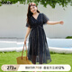 MsShe【波嬉風(fēng)印花雪紡連衣裙】大碼女裝2025夏季胖mmV領(lǐng)高端裙子 藏青藍(lán)色現(xiàn)貨 2XL