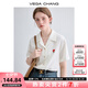 VEGA CHANG襯衫女2025夏季新款新款經(jīng)典豎條肌理少女感繡花小衫 暖米杏 L