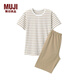 無(wú)印良品 MUJI 大童 無(wú)側縫 天竺編織 家居服套裝 睡衣 米色條紋 120
