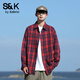 班尼路S&K系列潮牌格子襯衫男女春秋季美式復古寬松格紋長(cháng)袖情侶外套 紅色 M 建議110-125斤