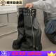 蜘蛛王韓式2025新款時尚套腳重工拉鏈高筒褲管靴圓頭厚底不過膝長靴女鞋 黑色 35