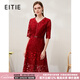 愛特愛（EITIE）新年紅品輕奢花邊V領(lǐng)禮服中長(zhǎng)裙春季新款高貴優(yōu)雅連衣裙6977607 紅色60 L 165