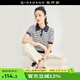 佐丹奴針織衫女裝金線棉條紋毛織短袖POLO針織衫18354906 02寶藍金銀絲間白條紋 L