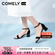 康莉（COMELY）一字帶涼鞋女粗跟25年夏季羊皮中跟時尚百搭通勤時裝涼鞋 黑色 37
