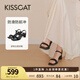 KISSCAT接吻貓【美洋同款】女鞋高跟涼鞋舒適簡約方頭粗跟一字帶涼鞋 黑色 羊絨面 36