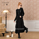 三彩獨醒2025冬季新款拼接小黑裙荷葉邊收腰A字裙長(cháng)裙F 經(jīng)典黑 XL 170/92A