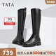 他她（TATA）大筒圍真皮騎士靴女靴子粗跟氣質(zhì)加絨長(cháng)筒靴秋冬7TG87DG4 黑色 38