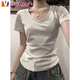 VOYDOVE棉質(zhì)美式V領(lǐng)正肩短袖t恤女2025夏季新款基礎修身顯瘦內搭上衣 V領(lǐng)-淺灰色【z】 S 建議90斤內