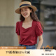 茵曼法式棉質(zhì)女裝方領短袖t恤夏季套頭修身小個子襯衣上衣 大紅色新 S