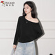 啄木鳥(niǎo)斜肩長(cháng)袖t恤女一字肩秋季新款內搭寬松高級感打底衫上衣 黑色 M
