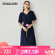兆君2025春夏桑蠶絲新款短袖連衣裙女系帶收腰純色真絲雙縐裙子 藏青 L