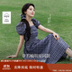 茵曼章若楠同款|法式格紋連衣裙夏季女裝百搭泡泡袖a字裙子 藏青  S