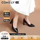 康莉（COMELY）高跟鞋女秋季新款粗跟尖頭真皮單鞋軟底舒適職業(yè)工作鞋 黑色 37