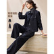 沫晗依美智感通勤套裝25冬季磨毛感氣質(zhì)拼接條紋夾克直筒褲兩件套