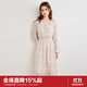 樂(lè )町木耳邊V領(lǐng)碎花連衣裙淺咖溫柔風(fēng)飄逸長(cháng)袖連衣裙 彩色印花（現貨） XS
