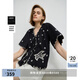 LILY2025夏新款女裝棉麻藝術(shù)感撞色飛鳥(niǎo)花朵刺繡系帶V領(lǐng)短袖襯衫 510黑 S