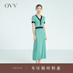 OVV2023春夏新款女裝復古撞色修身短袖A字傘裙針織連衣裙 湖藍鑲拼02 M