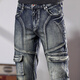 索皇（suohuang）秋冬新款拼接復古牛仔褲男懷舊潮牌多口袋休閑小腳彈力修身長(cháng)褲 拼接懷舊多口袋款復古藍色 30 碼(推薦118-128斤修身)
