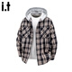 :CHOCOOLATE it格子襯衫男2026春秋季新款連帽外套寬松休閑襯衣男上衣男裝 黑色 M 【建議100斤-120斤】