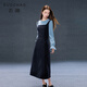 三彩大碼女裝2025冬季新款假兩件背帶式連衣裙喇叭袖拼接圓領(lǐng)胖MM
