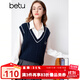 百圖betu女裝春季新款減齡學(xué)院風(fēng)撞色刺繡針織背心馬甲女2401T01 深寶藍 S