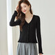 奢汐（Srcr）短款小個(gè)子純羊毛針織衫女外穿上衣秋冬高級感洋氣V領(lǐng)坑條毛衣