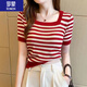 羅蒙（ROMON）女裝短袖T恤 2026夏季新款條紋薄款針織衫毛衣寬松空調衫衫上衣女 紅色 S 80-90斤