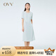 OVV2023春夏新款女裝單面緞三醋酸經(jīng)典圓領(lǐng)清爽百褶短袖連衣裙 藍(lán)灰（凈色）06 L