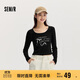 森馬長(cháng)袖T恤女短款蝴蝶結字母春秋溫柔蕾絲緊身上衣107624101001