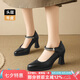 ZHR頭層牛皮單鞋女粗跟職場(chǎng)皮鞋女優(yōu)雅瑪麗珍鞋子女高跟鞋KM15黑色37