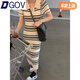 DGOV韓系條紋polo領(lǐng)針織連衣裙女氣質(zhì)修身顯瘦休閑百搭小清新長(cháng)裙子 白色黑條紋 S 建議60-85斤