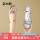 ZHR粗跟涼鞋女夏季一字帶方頭單涼鞋氣質(zhì)水鉆銀色女鞋JF193流光銀37