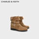 CHARLES&KEITH平底仿麂皮可翻折短靴堆堆靴生日禮物送女友CK1-90580215 Camel駝色 39 （250）