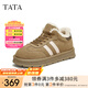 他她（TATA）復(fù)古休閑德訓(xùn)鞋女鞋加絨保暖毛毛鞋冬季新款6JM01DM4 【女款】卡其/粉（毛里） 37