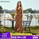 Olrain歐芮兒吊帶碎花連衣裙夏季女裝浪漫優(yōu)雅長(cháng)裙子度假沙灘裙 水仙咖 L